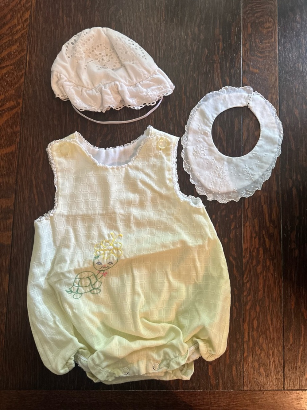 VINTAGE Baby Yellow Embroidered Turtle Romper with Matching White Hat & Bib